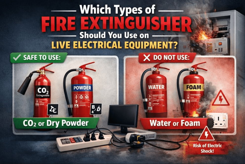 Which types of fire extinguisher should you use on live electrical equipment