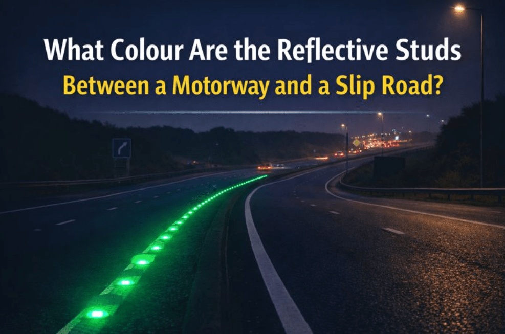 what colour are the reflective studs between a motorway and a slip road