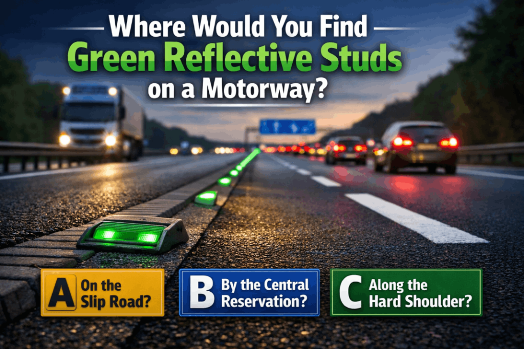where would you find green reflective studs on a motorway