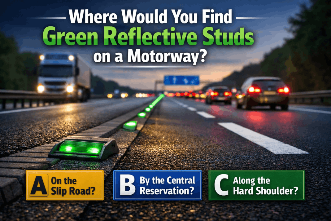 where would you find green reflective studs on a motorway